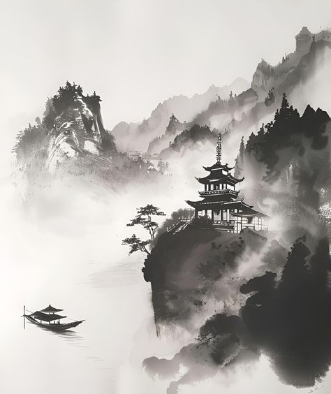 Dive into the tranquil beauty of this ink wash landscape. Unwind with the vision of misty mountains, a timeless pagoda, and whispered pines. Perfect for serene decor. Save & follow for more art inspiration! ✨ #ZenArt #InkWash #LandscapeLove #ArtPrints #HomeDecorIdeas #ImagePrompt #AiImage Inkwash Paintings, Ink Art Landscape, Serene Decor, Chinese Ink Art, Alevel Art, Crayons Pastel, Fish Artwork, Ink Wash Painting, Chinese Landscape Painting