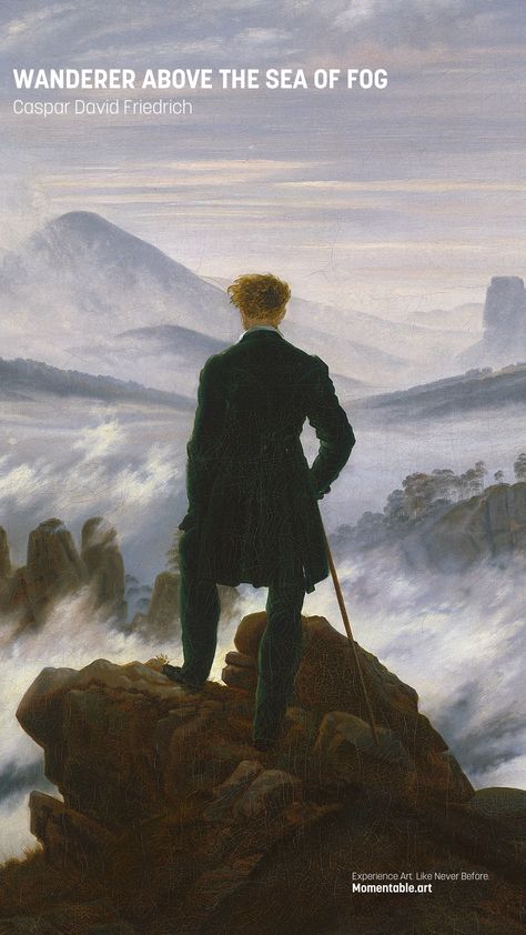 🤩🎨 Friedrich's 'Wanderer above the Sea of Fog' is an iconic image of Romanticism, portraying man versus nature. It symbolizes the journey of self-discovery and contemplation. How do you reflect on your personal and professional journey?😜 Man Above The Sea Of Fog, Wanderer Above The Sea Of Fog, Wanderer Icon, Sea Of Fog, David Friedrich, Modern Words, Reference Photos For Artists, Oc Challenge, Caspar David Friedrich