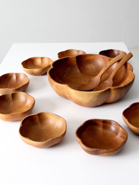 mid-century wooden bowl serving set Black Dessert, Bedroom Ideas For Small Rooms Cozy, Coconut Bowls, Wooden Dishes, Wooden Kitchen Utensils, Coconut Bowl, Serving Bowl Set, Organic Forms, Wooden Utensils