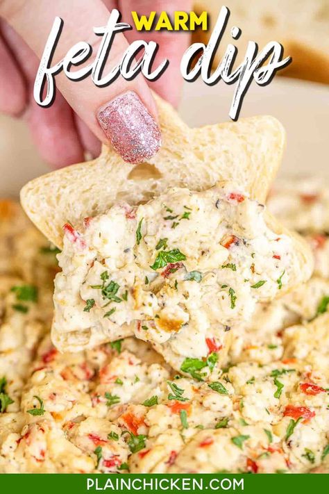 Warm Feta Dip - so simple and tastes great! Perfect for parties and tailgating. Cream cheese, feta, Greek seasoning, garlic, oregano, pimentos, and olive oil. Can make in advance and refrigerate for later. Bake in the oven or in the slow cooker. #feta #cheese #dip #appetizer #partyfood Feta Spinach Recipes, Feta And Olive Appetizer, Olive Feta Dip, Feta Dip Recipes Easy, Crumbled Feta Cheese Recipes, Greek Dip Appetizer, Feta Cheese Dip, Recipes Dips, Hot Dips