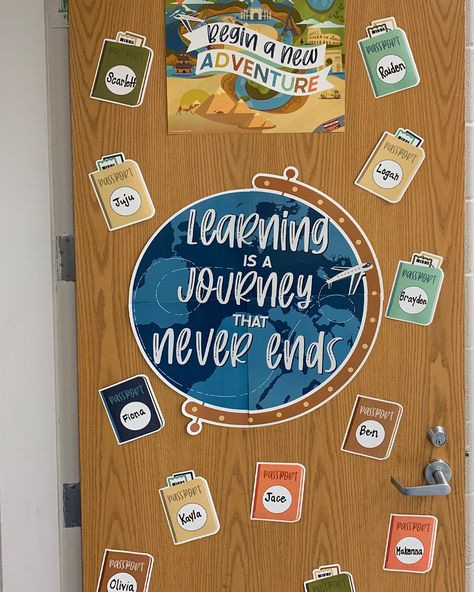 Let's Explore Classroom Décor Theme | Carson Dellosa Education Continents Classroom Decorations, Let The Adventure Begin Classroom Door, Classroom Door Travel Theme, Explorers Classroom Theme, Learning Is An Adventure Classroom Theme, Travel Classroom Door Ideas, Geography Classroom Ideas, World Theme Classroom, Adventure Awaits Classroom Theme