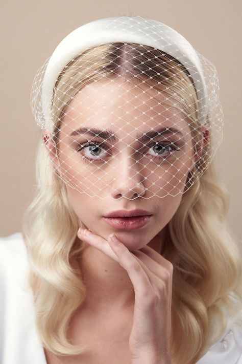 Ivory padded wedding headband with attached birdcage veil by Debbie Carlisle Headband Making, Veil Headband, Headband Veil, Short Veil, Satin Headband, Bridal Elegance, Birdcage Veil, Padded Headband, Modern Bridal