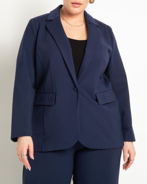 This amazing piece is a must-have for your wardrobe! It features an unlined, notch lapel design with single breasted button closure and two-piece sleeve. The shoulder pad adds structure and it hits below the hip for a flattering look. With a 31 body length on size 18, welt pockets with flaps, front bodice darts and all season stretch ponte knit fabric - you'll be looking stylish no matter what the weather! Give your workwear wardrobe a boost with this plus size blazer ELOQUII The Ultimate Stretc Maritime Blue, Spring Blazer, One Button Blazer, Plus Size Work, Work Blazer, Plus Size Blazer, Belted Cardigan, Skirt Belt, Tailored Blazer