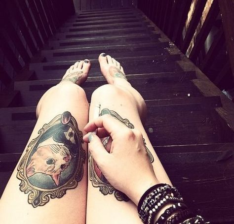 http://tattoomagz.com/cool-dogs-tattoos/wonderful-dog-tattoo-on-the-leg/ Cat Portrait Tattoo, Tattoo On Thigh, Framed Tattoo, Sweet Tattoos, Cat Tattoo Designs, Cat Tattoos, Tattoo Designs For Girls, Cat Portrait, Trendy Tattoos