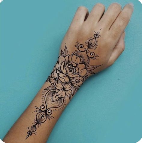 Sleeve To Hand Tattoos For Women, Lower Arm And Hand Tattoos For Women, Floral Tattoo Design Forearm Women, Lace Forearm Tattoo Women, Henna Looking Tattoos, Womens Mandala Tattoo, Henna Style Hand Tattoo, Forearm To Hand Tattoo Women, Wrist Forearm Tattoos For Women