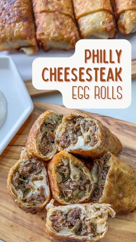 Philly Cheesesteak Eggrolls, Cheesesteak Eggrolls, Egg Roll Recipes, Philly Cheesesteak, Ground Beef Recipes For Dinner, Recipes For Dinner, Egg Roll, Philly Cheese Steak, Beef Recipes Easy