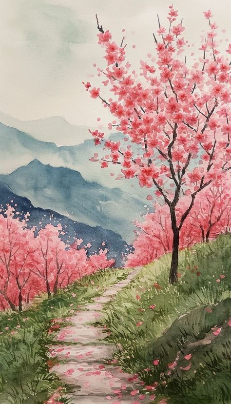 Japanese Painting Cherry Blossom, The Distance Between Me And The Cherry Tree, Japanese Blossom Tree Painting, Spring Blossom Painting, Sakura Tree Watercolor Painting, Watercolour Painting Ideas Landscape, How To Paint Sakura Tree, Sakura Painting Watercolour, Garden Painting Watercolor