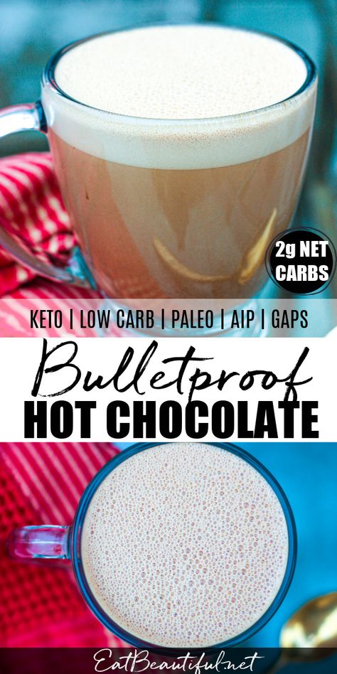 Bulletproof Hot Chocolate is the ultimate comfort food beverage. This drink is filling and satisfying, but it won't weigh you down because it digests so efficiently! Great for Paleo, AIP, Keto and GAPS, enjoy this healthy treat. | Eat Beautiful || #bulletproof #hotchocolate #paleo #keto #lowcarb #aip #gapsdiet Aip Drinks, Tiger Nut Milk, Aip Keto, Eat Beautiful, Paleo Drinks, Carob Powder, Low Histamine, Low Carb Sweeteners, Gaps Diet