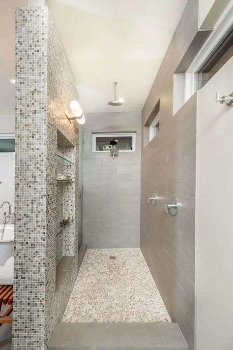 18 Doorless Shower Ideas - Bathrooms with Doorless Showers - Decor Snob Open Walk In Showers Half Walls, Walk In Walled Showers, Doorless Double Showers Walk In, Corner Doorless Showers Walk In, Doorless Walkin Shower Master Bath, Glass Free Shower Walk In, Modern Walk In Shower No Door, Doorless Showers Walk In Master Bath With Half Wall, Large Showers Without Doors