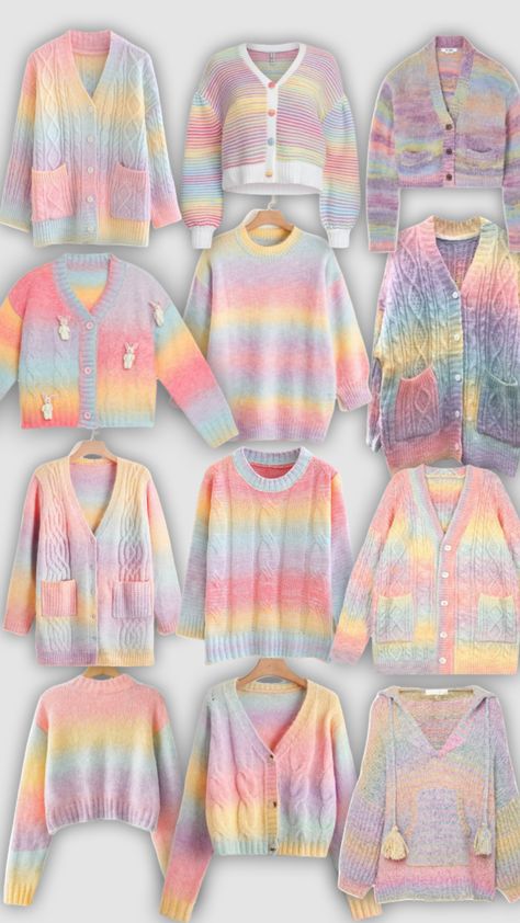 Pastel rainbow sweaters! #fashion #sweaters #rainbow #pastel #pastelrainbow Pastel Rainbow Aesthetic, Pastel Sweater, Rainbow Pastel, Fashion Sweaters, Pastel Outfit, Rainbow Outfit, Rainbow Sweater, Snow Bunnies, Rainbow Aesthetic