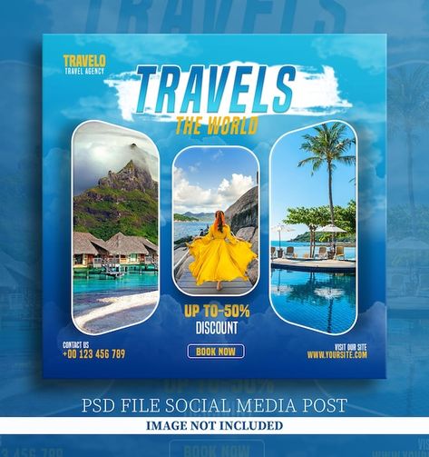 Tour Travel Social Media Post, Travel Banner Design Ideas, Tours And Travels Creative Ads, Resort Social Media Post, Travel Ads Design, Travel Post Design, Travel Banner Design, Travel Creative Ads, Travel Design Poster