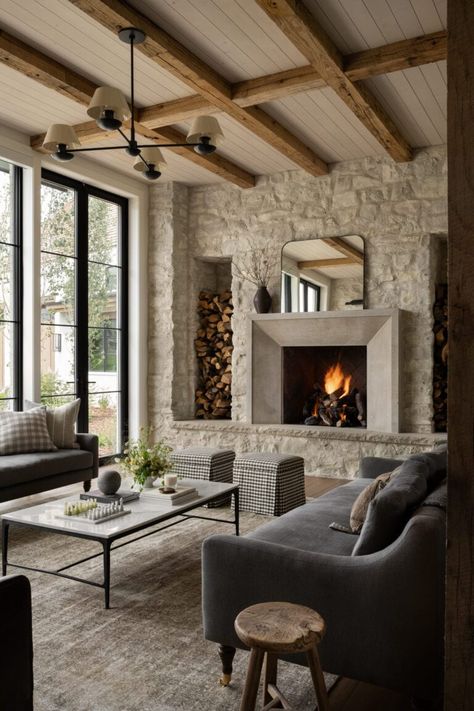 Water’s Edge | Cotswolds-Inspired Design - Studio McGee Waters Edge Studio Mcgee, Studio Mcgee Mountain Home, Grand Stone Fireplace, Modern Cotswold Interior, Large Rock Fireplace, Construction Planning, Mediterranean Style Living Room, Mantel Styling, The Mcgee Home