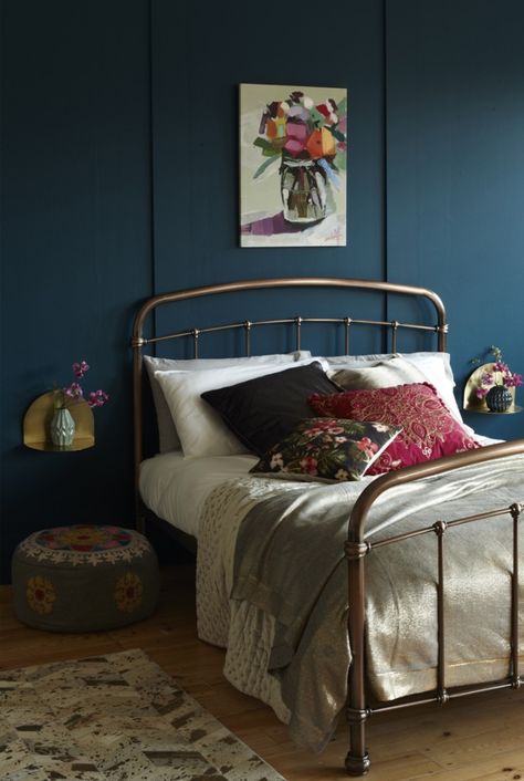 Copper Bed Frame, Folk Bedroom, Deep Blue Walls, Gold Bed Frame, Black Iron Beds, Copper Bed, Copper Bedroom, Bedroom Transformation, Idea Bedroom