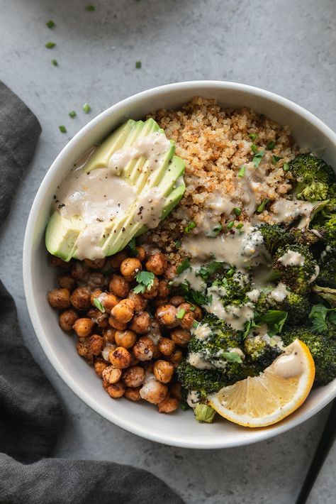 Harissa Seasoning, Chickpea Bowls, Crispy Chickpea, Lemon Tahini Sauce, Crispy Quinoa, Healthy Bowls, Tahini Dressing, Tahini Sauce, Meyer Lemon