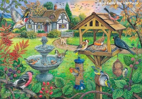 A variety of birds are enjoying a feed in this beautiful cottage garden. The puzzle has unique and varied pieces, larger than average, to add to the enjoyment of the puzzle. Yellow Adirondack Chairs, Bird Table, Blue Jay Bird, Buffalo Games, Hidden Images, Puzzle Crafts, John William Waterhouse, Cat Puzzle, Animal Hide