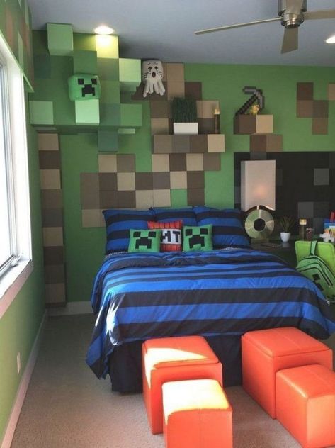 Kids Minecraft Bedroom, Minecraft Boys Room, Boys Minecraft Bedroom, Minecraft Room Decor, Bedroom Ideas Minecraft, Minecraft Bedroom Decor, Teenager Bedroom Boy, Rustic Bedroom Design, Romantic Bedroom Decor