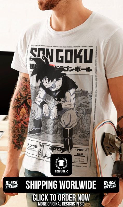 Visit our Anime and Manga merchandise online store and find your very favorite anime series characters and manga panels printed in high quality on great shirts, hoodies, sweatshirts, Phone Cases and More! . Inspired from Son Goku in the end of Buu's Saga of Dragon Ball Manga. Dragon Ball T Shirt Design Ideas, Dragon Ball Z T Shirt Design, Dragon Ball Tshirt Design, Anime Tshirt Outfit, Anime Branding, Dragon Ball Shirt Design, Anime Tshirts, Dragon Ball Shirt, Anime Tshirt Design