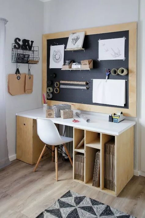 Desk And Pegboard, Art Station At Home, Office Packing Station, Art Station Organization, Shipping Desk Work Spaces, Candle Work Station, Home Office Packing Station, Packing And Shipping Station, Office Shipping Station