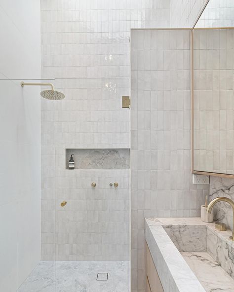 The master ensuite of our Gables project in Burraneer. A soft dreamy space designed for two to share. . . Key features being a double vanity custom made from Calacutta Vagli Marble and the outrageously tall double shower, positioned beneath a skylight accentuating the 4 metre peak of the raked ceilings. 🔥🔥🔥 #bathroomdesign #bathroom #bathroominspo #bathroomgoals #interiors #homedesign Double Shower Ensuite, Vagli Marble, Skylight Bathroom, Dreamy Space, Raked Ceiling, Double Shower, Master Ensuite, Bathroom Ceiling, Ensuite Bathrooms