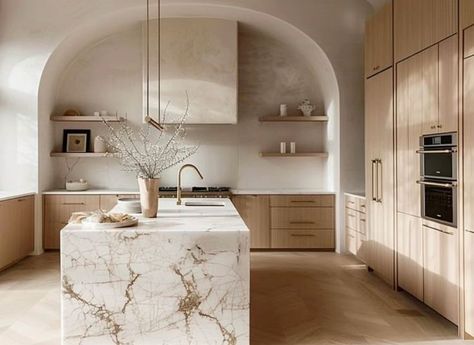 Rounded Kitchen Island, Neutral Home Aesthetic, Japandi Dining Room, Japandi Kitchen, 2024 Kitchen, House Design Kitchen, Luxury Kitchen Design, House Supplies, Kitchen Inspiration Design