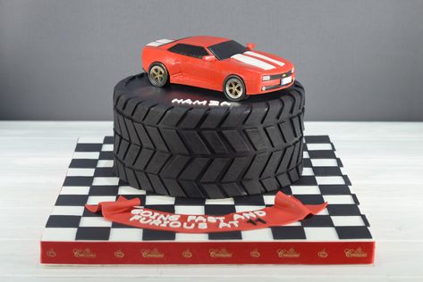 Camero Cake Ideas, Car Shaped Cakes For Men, Tire Cakes For Men, Super Car Birthday Cake, Birthday Cake Race Car, Car Guy Cake Ideas, Sports Car Cake For Men, Tyre Cake Ideas, Rc Car Birthday Cake