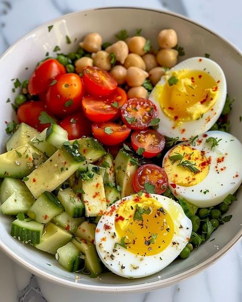 Lemon Herb Avocado, Egg, and Chickpea Salad | Homemade Recipes Chopped Egg Salad With Avocado, Protein Packed Salads, Egg Avocado Salad, Chickpea Spinach Salad, Chickpea Avocado Salad, Salad With Eggs, Packed Salad, Salad Homemade, Avocado Recipes Healthy