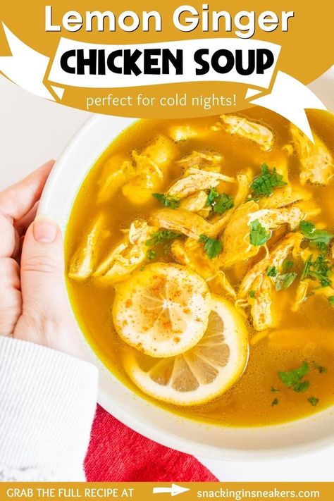 A bowl of lemon ginger chicken soup being held by a woman's hand. Lemon Ginger Chicken Soup, Best Healthy Soup, Dinner For A Cold, Chicken Soup For Colds, Lemon Ginger Chicken, Ginger Chicken Soup, Ginger Chicken Recipes, Turmeric Soup, Healing Soup