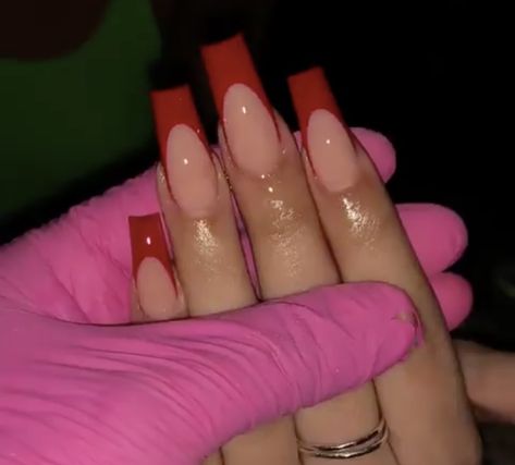 Red deep French coffin nails Red Square Nails French Tip, Red Nail Tips Coffin, Red Long French Tip Nails, Red Acrylic French Tips, Deep French Tip Nails Coffin, Red French Coffin, Red Acrylic Nails French Tip, Square Deep French Nails, Red V French Tip Nails Coffin