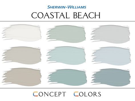 Sherwin Williams Coastal, Whole House Paint Colors, Home Paint Colors, Coastal Palette, House Paint Colors, Wythe Blue, Beach Color Palettes, Coastal Paint Colors, Coastal Paint