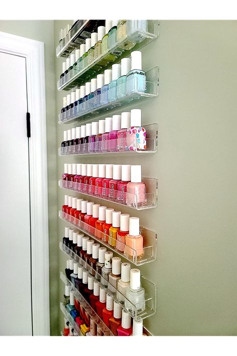 At Home Nail Salon Room, Nail Polish Wall Rack, Beauty Shop Decor, Nail Organization, Nail Polish Display, Nail Polish Shelf, Barber Shop Interior, Nail Polish Holder, Acrylic Nail Polish