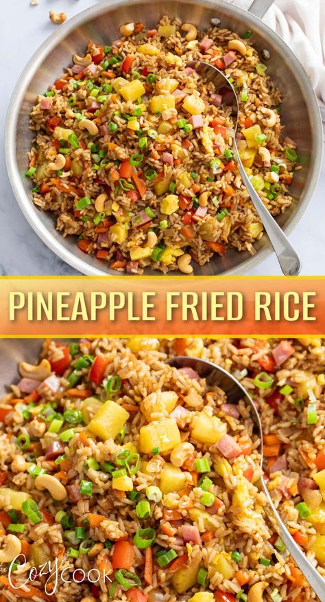 This Pineapple Fried Rice recipe is easy to make with juicy pineapple,  savory ham, vegetables, fluffy scrambled eggs, and crispy rice all tossed in a savory sauce! Pineapple Rice Recipes, Pineapple Fried Rice Recipe, Healthy Rice Recipes, Savory Ham, Rice Side Dish Recipes, Great Dinner Recipes, Fluffy Scrambled Eggs, Chicken Fried Rice Recipe, Pineapple Fried Rice