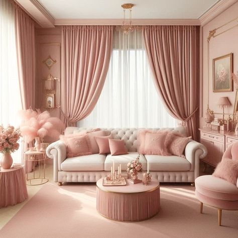 Pink Room Curtain Ideas, Dusty Rose Living Room, Dusty Pink Living Room, Pink Living Room Ideas, Peach Living Rooms, Dreamy Bedroom Ideas, Blush Pink Living Room, Chic Living Room Design, Fall Bedroom Ideas