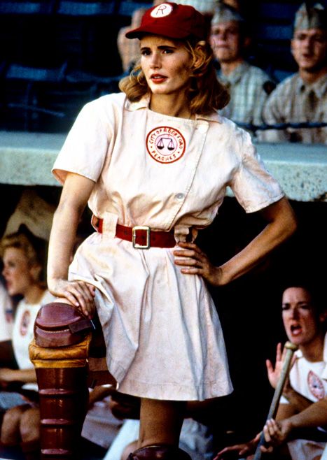 Geena Davis in A League of Their Own, 1992, I love this movie so much its insane. These women were so inspirational to me as a little girl. I want to learn to sew so I can make one of those uniforms! 4th Of July Movies, Red Head Halloween Costumes, July Movies, Best Period Dramas, Rockford Peaches, Classy Halloween Costumes, No Crying In Baseball, A League Of Their Own, League Of Their Own