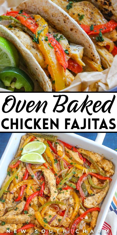 These Chicken Fajitas only require a few ingredients and bake up super quickly on one sheet pan. Save time and serve up a delicious meal with this easy sheet pan chicken fajita recipe from New South Charm. It's a weeknight dinner saver! Things To Make For Dinner, Oven Baked Chicken Fajitas, Easy Fajita Recipe, Fajita Seasoning Recipe, Easy Oven Baked Chicken, Baked Chicken Fajitas, Homemade Fajita Seasoning, Chicken Fajita Recipe, Chicken Fajita