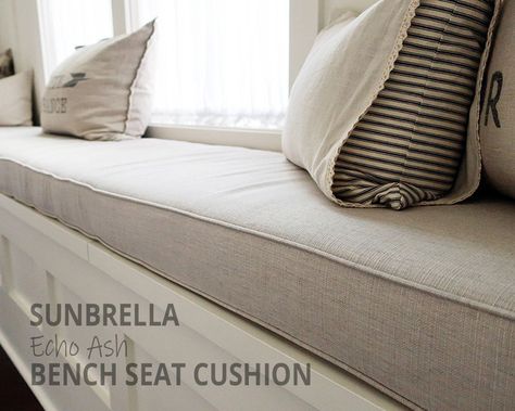 Gorgeous custom Sunbrella window seat cushion done in Echo Ash with double welting. Bench Window Seat, Bench Window, Indoor Bench Cushions, Mudroom Bench Cushion, Window Cushion, Custom Bench Cushion, Custom Bench, Diy Mudroom Bench, Fabric Bench