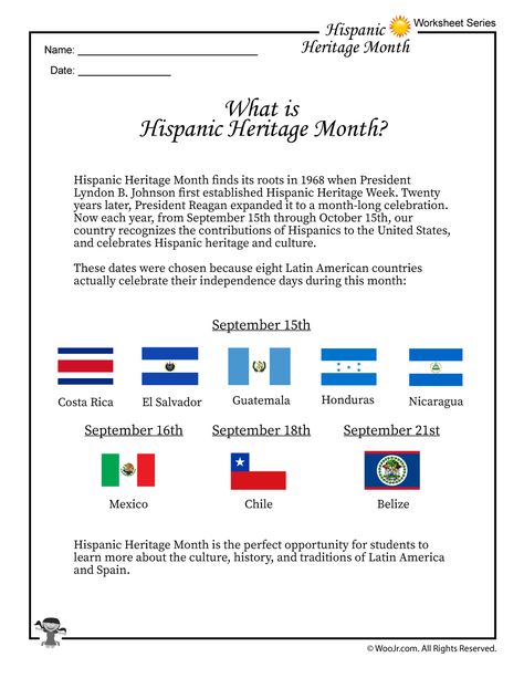 Hispanic Heritage Month Definition | Woo! Jr. Kids Activities Latin Heritage Month Activities, El Salvador Crafts For Kids, Hispanic Heritage Month Worksheets, Hispanic Heritage Month Activities Kids, Hispanic Heritage Month Crafts For Kids, Hispanic Heritage Month Crafts Preschool, Month Worksheet, Hispanic Heritage Month Lessons, Latin Heritage Month