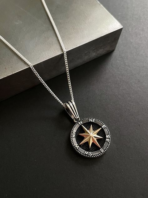 This sterling silver compass pendant is tri-colored to allow for versatility, as it can go with both silver and gold jewelry. The silver has been oxidized to create a black contrast which allows the details to really stand out. The pendant and chain are made from quality 925 sterling silver. This men's coin necklace is durable and made for everyday wear. Sterling silver is hypoallergenic, resistant to tarnishing and waterproof! Making it perfect for those who have sensitive skin. Would make a th Men’s Pendant, Compass Necklace Silver, Thoughtful Gifts For Him, Silver Water, Compass Pendant, Compass Necklace, Medallion Necklace, Coin Necklace, Gold Jewelry Fashion