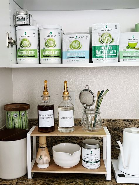 DIY: Dream Matcha Station | Jade Leaf Matcha Matcha Station At Home, Matcha Corner, Matcha Station, Snack Center, Matcha Bar, Matcha Bars, Jade Leaf Matcha, Jasmine Dragon, Matcha Recipes