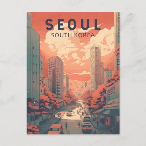 Seoul South Korea Illustration Art Vintage Postcard Seoul Illustration, Illustration Art Vintage, Korea Illustration, Modern Advertising, Korean Illustration, Room Paintings, Vintage Postcards Travel, Korea Wallpaper, Buddhist Temples