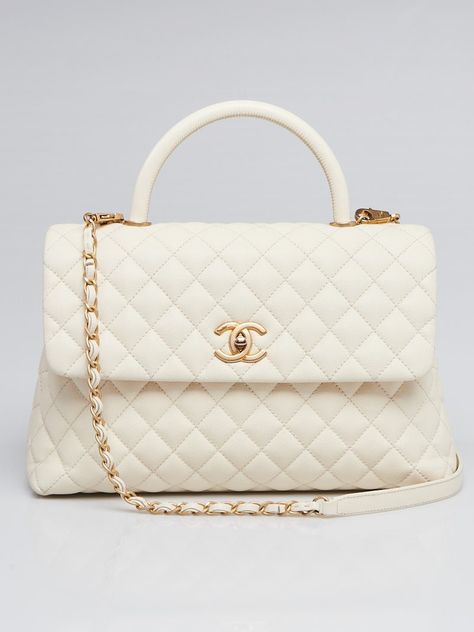 Chanel White Quilted Caviar Leather Medium Coco Handle Bag - Yoogi's Closet Chanel Coco Top Handle, Coco Chanel Bags, White Chanel Bag, Chanel Coco Handle, Prom Bag, Coco Handle, Chanel White, Luxury Bags Collection, White Crossbody Bag