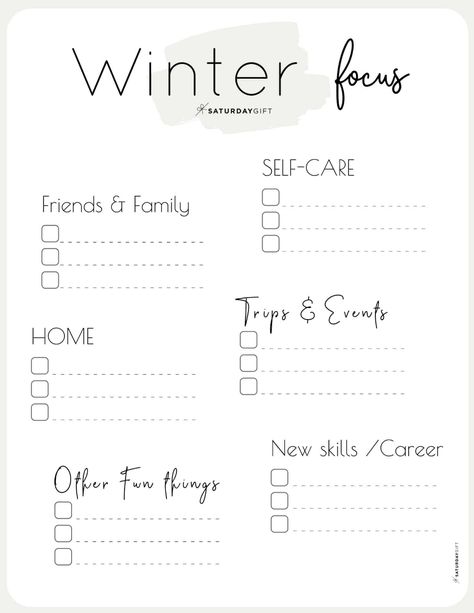 What are your winter plans and goals? What do you want to focus on? Use this simple worksheet from Saturday Gift to create a 12-week plan and stay focused and organized. Try this free simple printable worksheet for helping set your goals. #printable #planning #winter #focus #goals Q1 Goals, Goal Calendar, How To Be More Organized, Goals Template, Goals Worksheet, Journal Lists, Pretty Printables, Printable Planner Pages, Summer Plans