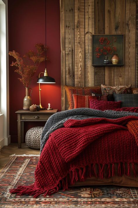 Wine Red Bedroom Ideas, Red Wall Bedroom Ideas, Red Walls Bedroom, Earthy Modern Bedroom, Warm And Cozy Bedroom, Red Bedroom Ideas, Warm Bedroom Ideas, Burgundy Bedroom, Red Bedroom Design