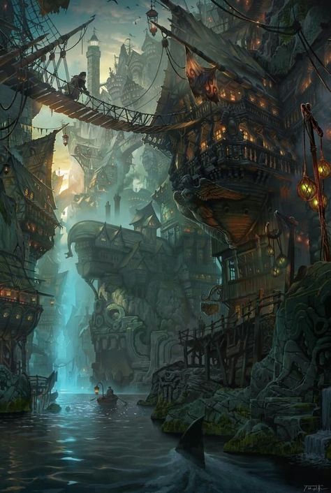 Blade Soul, Visual Prompts, Fantasy Poster, Art Environment, Fantasy City, Fantasy Setting, Fantasy Places, Futuristic City, Matte Painting