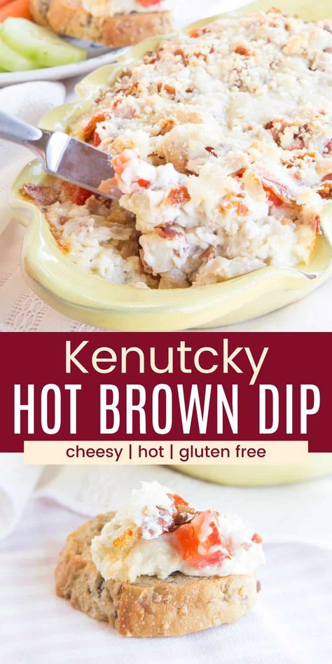 Kentucky Hot Brown Dip - an easy, cheesy appetizer based on the classic sandwich made famous at the Brown Hotel in Louisville. Filled with turkey, bacon, tomatoes, and plenty of melty, you can scoop it up with bread slices or veggies for a gluten free and low carb snack. Add it to your Derby Day menu or make it with leftover turkey from the holidays! Kentucky Hot Brown Dip, Hot Brown Dip, Kentucky Derby Appetizers, Appetizer Dips Hot, Derby Day Party, Kentucky Derby Food, Kentucky Derby Recipes, Derby Recipe, Derby Party Food