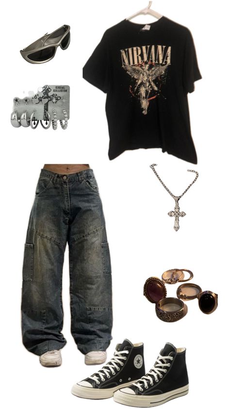 tags: streetwear outfit fit converse jewelry nirvana shirt grunge top y2k emo jeans earrings sunglasses tara yummy jake webber Looks Pinterest, Outfit Layout, Clothes And Shoes, Swaggy Outfits, Edgy Outfits, Casual Style Outfits, Streetwear Outfit, Teen Fashion Outfits, Style Outfits