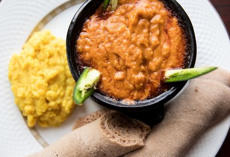 The mitin shiro wat, a traditional Ethiopian dish with berbere spices, at Abugida. Shiro Wat, Berbere Spice, African Food, Chana Masala, Magazine, Ethnic Recipes