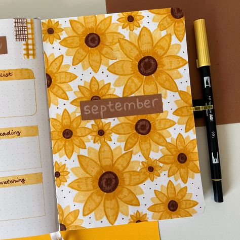 September Cover Page Bullet Journal, Sunflower Bullet Journal, September Bullet Journal Cover, Bullet Journal Notes, Bullet Journal Lettering Ideas, Bullet Journal Themes, Journal Themes, Bullet Journal Ideas Pages, Cover Pages