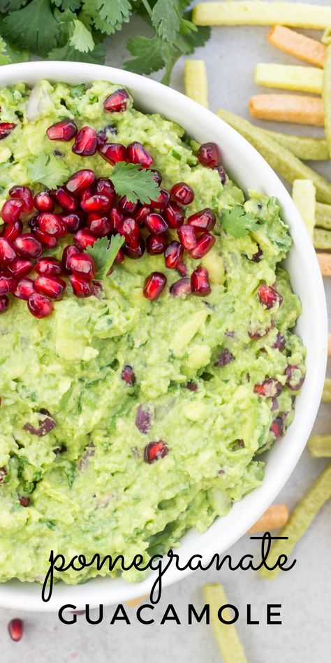 Pomegranate Guacamole, guacamole recipe, recipes using pomegranate, Christmas appetizer, holiday snack ideas, healthier holiday recipes, #avocado #guacamole Pomegranate Guacamole, Veggie Straws, Holiday Snack, Serrano Pepper, Keto Friendly Desserts, Food Crush, 5 De Mayo, Low Carb Recipes Dessert, Avocado Recipes