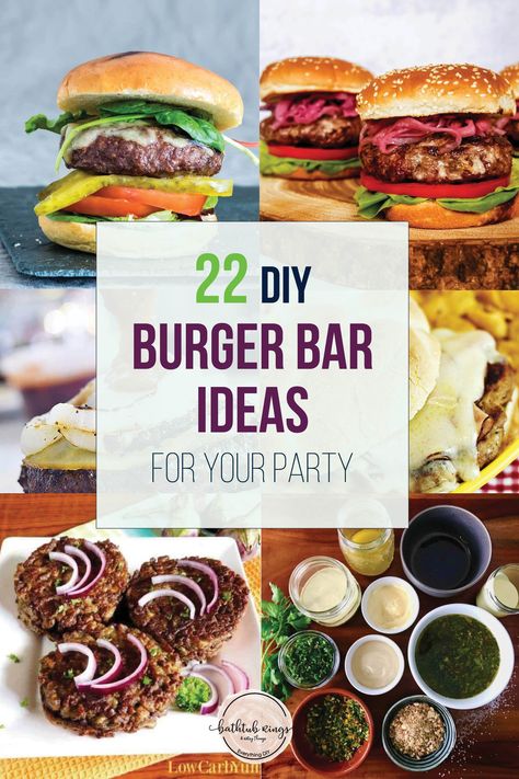 These burger ideas are sure to get your mouth watering! These 21 burger bar ideas are perfect for your next party! #burgerideas #hamburgerreceipes #burgerbar #burgerparty #partyideas Burger Bar Ideas, Hamburger Bar, Gourmet Burger Bar, Vegan Chickpea Burger, Hamburger Party, Foodtrucks Ideas, Burger Ideas, Barbecue Burgers, Teriyaki Burgers