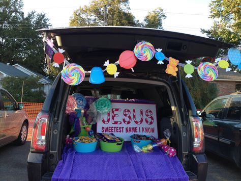 Fall Carnival Trunk or Treat - God's Work - Christian - Jesus - Sweetest Name I Know Church Trunk, Halloween Car Decorations, Trunker Treat Ideas, Church Halloween, Fall Festival Games, Trunk Or Treat Ideas, Christian Halloween, Fall Carnival, Harvest Fest